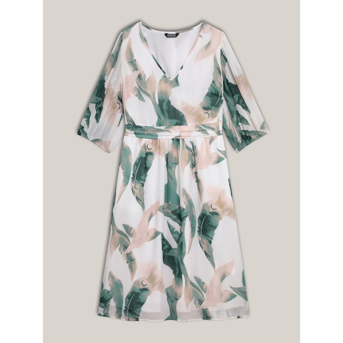 Plus Size Sheer Chiffon Shirred Pockets Midi Dress Malachitegreen Women Resort Gathered V-neck Elbow-length sleeve Curvy BloomChic 28/5X Product Image