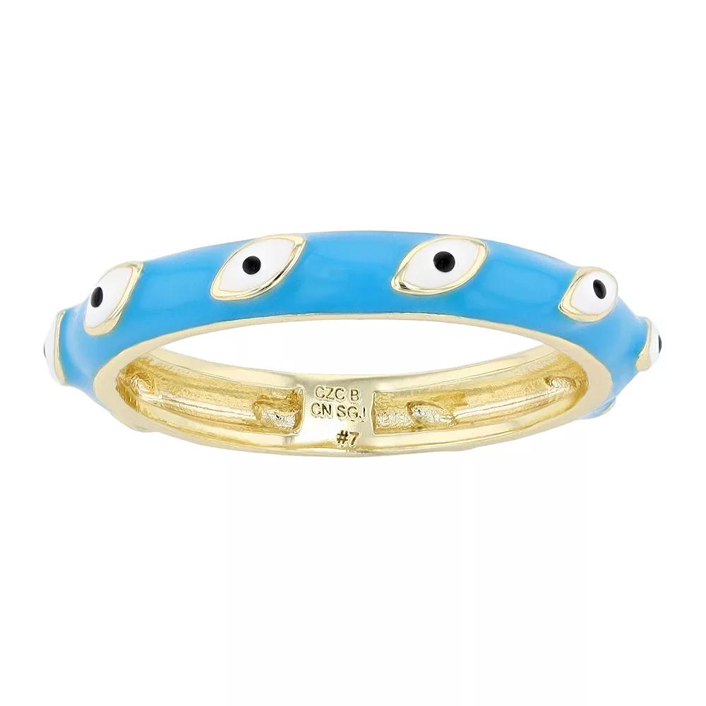 14k Yellow Gold Plated White Evil Eye Enamel Slim Band Ring, Womens Gold Tone Blue Product Image