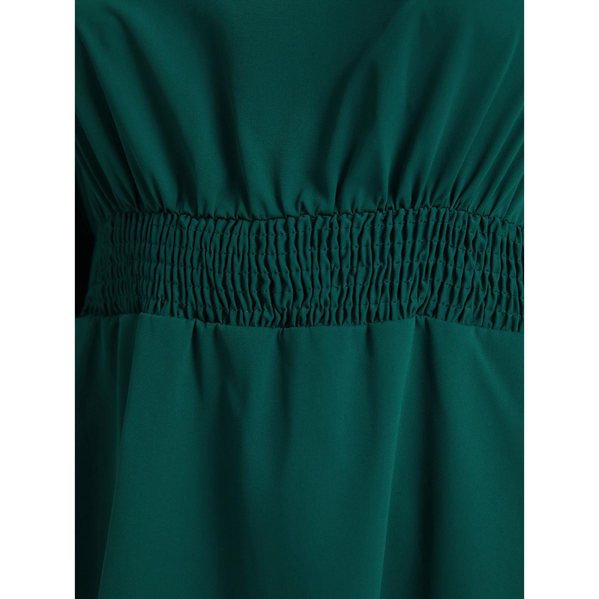 Plus Size Twill Flutter Shirred Asymmetrical Layered Hem Dress Teal Women At the Office Elastic cuffs Round Neck Elbow-length sleeve Curvy Midi Dress BloomChic 10/M Product Image