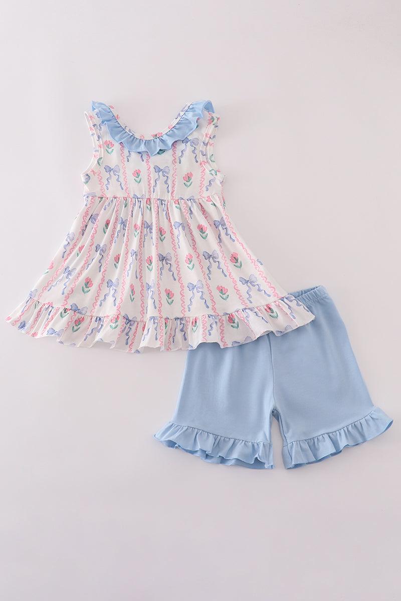 Blue floral bow ruffle shorts set Product Image