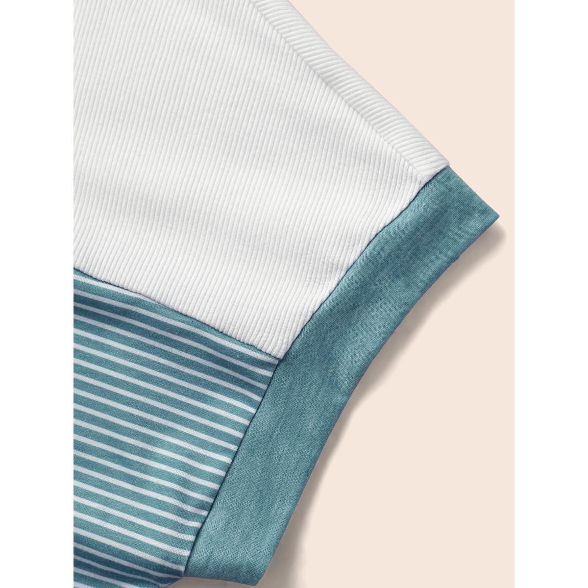 Plus Size Round Neck Striped Patchwork Contrast T-shirt Cerulean Women Casual Contrast Round Neck Everyday T-shirts BloomChic 14-16/1X Product Image