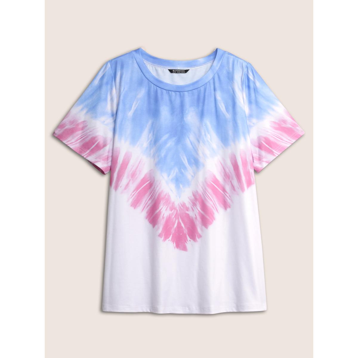 Plus Size Tie Dye Contrast Round Neck T-shirt Multicolor Women Casual Non Tie Dye Round Neck Everyday T-shirts BloomChic 18-20/2X Product Image