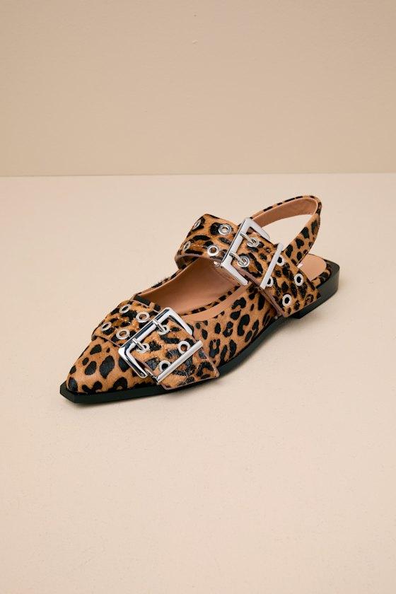 Graya Leopard Calf Hair Studded Buckle Slingback Flats Product Image