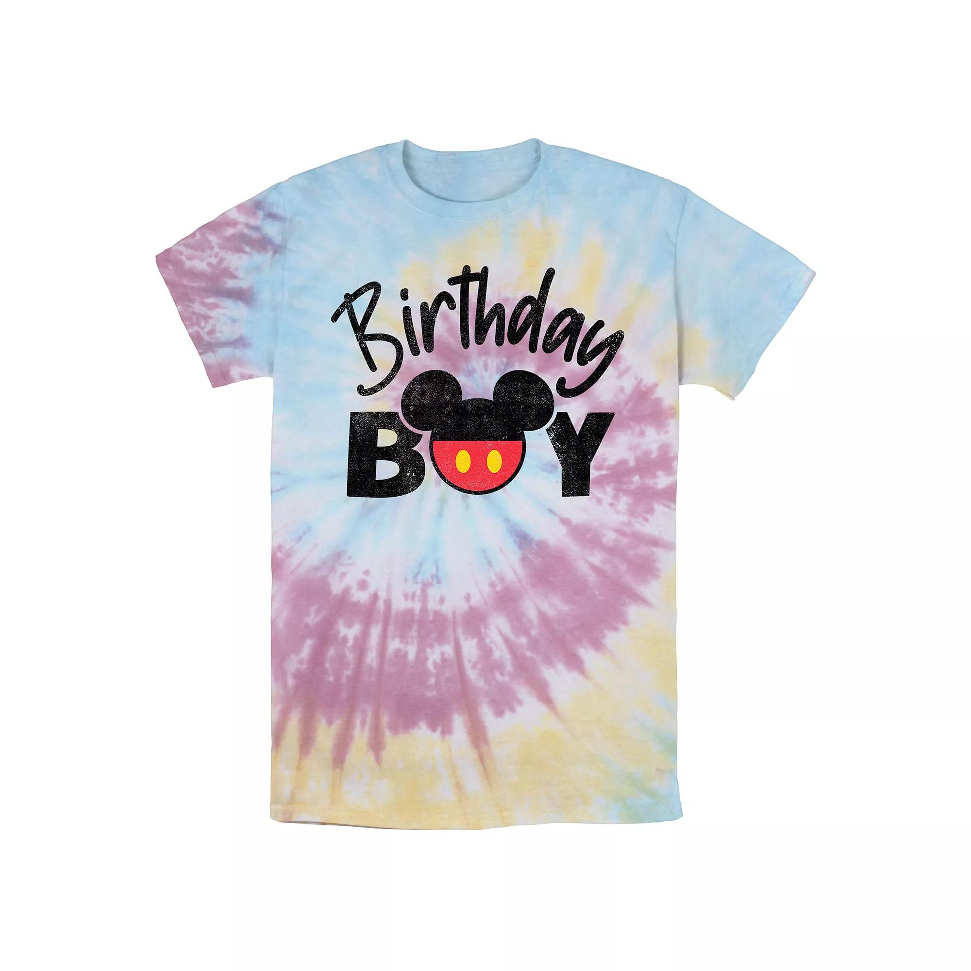 Men's Disney Mickey & Friends Birthday Boy Mickey Logo Bomabrd Wash Tee, Size: Small, Blue Pink Light Yellow Product Image
