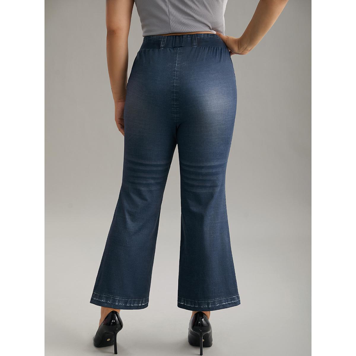 Plus Size Denim Effect Print Elastic Waist Flare Leg Leggings Women Stone Casual High stretch Flare Leg High Rise Everyday Leggings BloomChic 22-24/3X Product Image