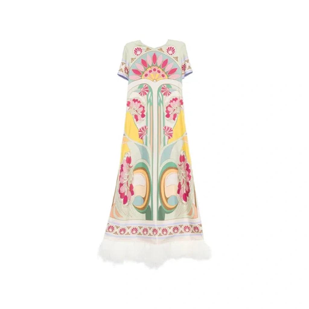LA DOUBLEJ Swing Feather-trimmed Silk Twill Maxi Dress In Multi Product Image