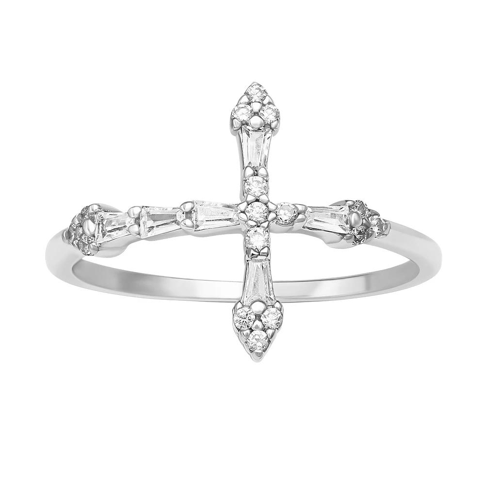 PRIMROSE Sterling Silver Cubic Zirconia Baguette Sideways Cross Ring, Women's, Size: 8 Product Image