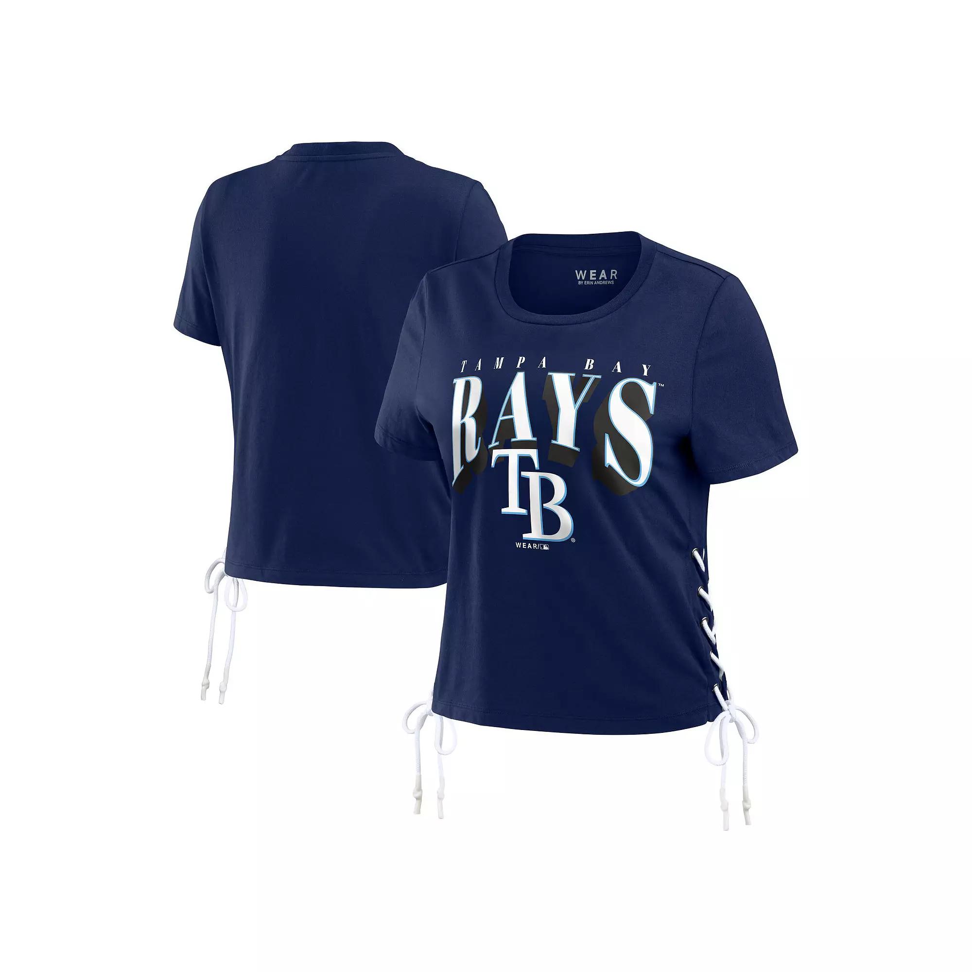 Women's WEAR by Erin Andrews Navy Tampa Bay Rays Side Lace-Up Cropped T-Shirt,  Product Image