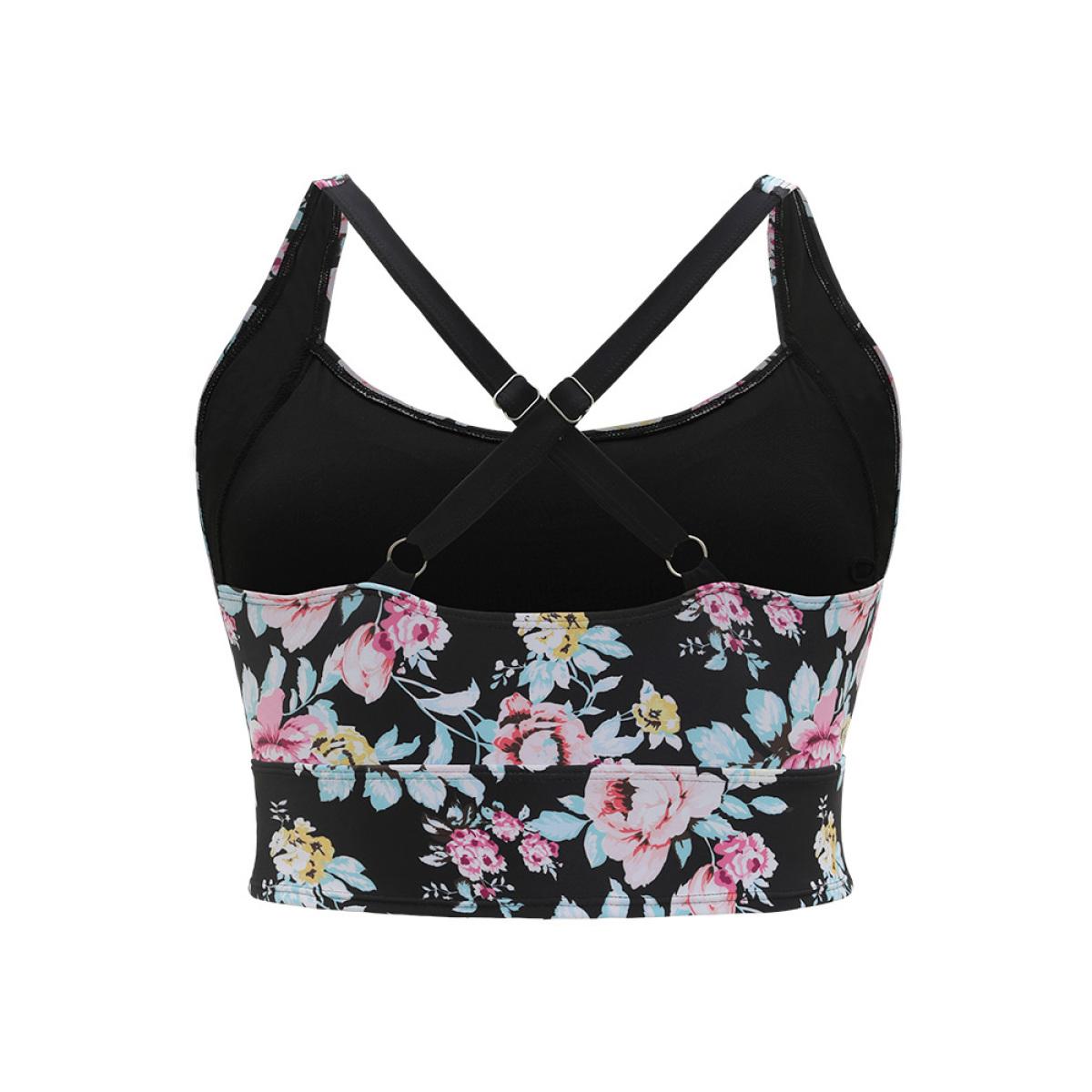 Plus Size Floral Ruched Knotted Crossover Back Tankini Top Women's Swimwear BlackFlower Vacation Adjustable Straps High stretch Skinny Curve Swim Tops BloomChic 14-16/1X Product Image