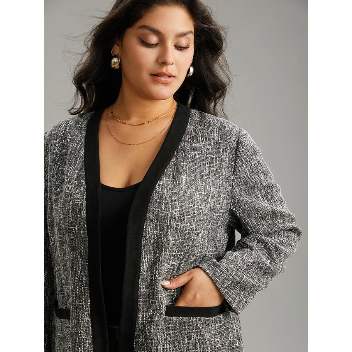Plus Size Tweed Contrast Trim Pocket Tweed Blazer Gray Women Dailywear Plain Contrast Sleeve Long Sleeve Open Front 18-20/2X Pocket Casual Blazers BloomChic Product Image