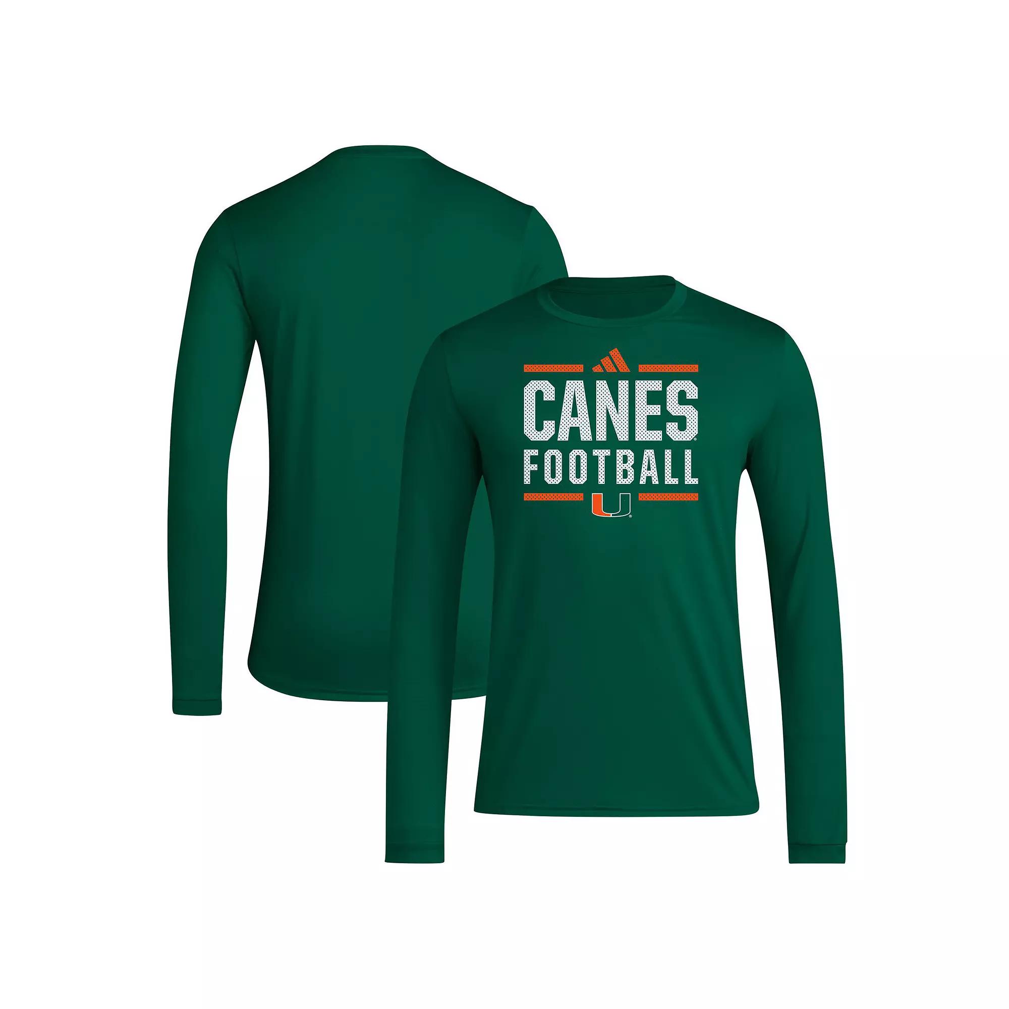 Men's adidas Green Miami Hurricanes Locker Football Pre-Game AEROREADY Long Sleeve T-Shirt,  Product Image
