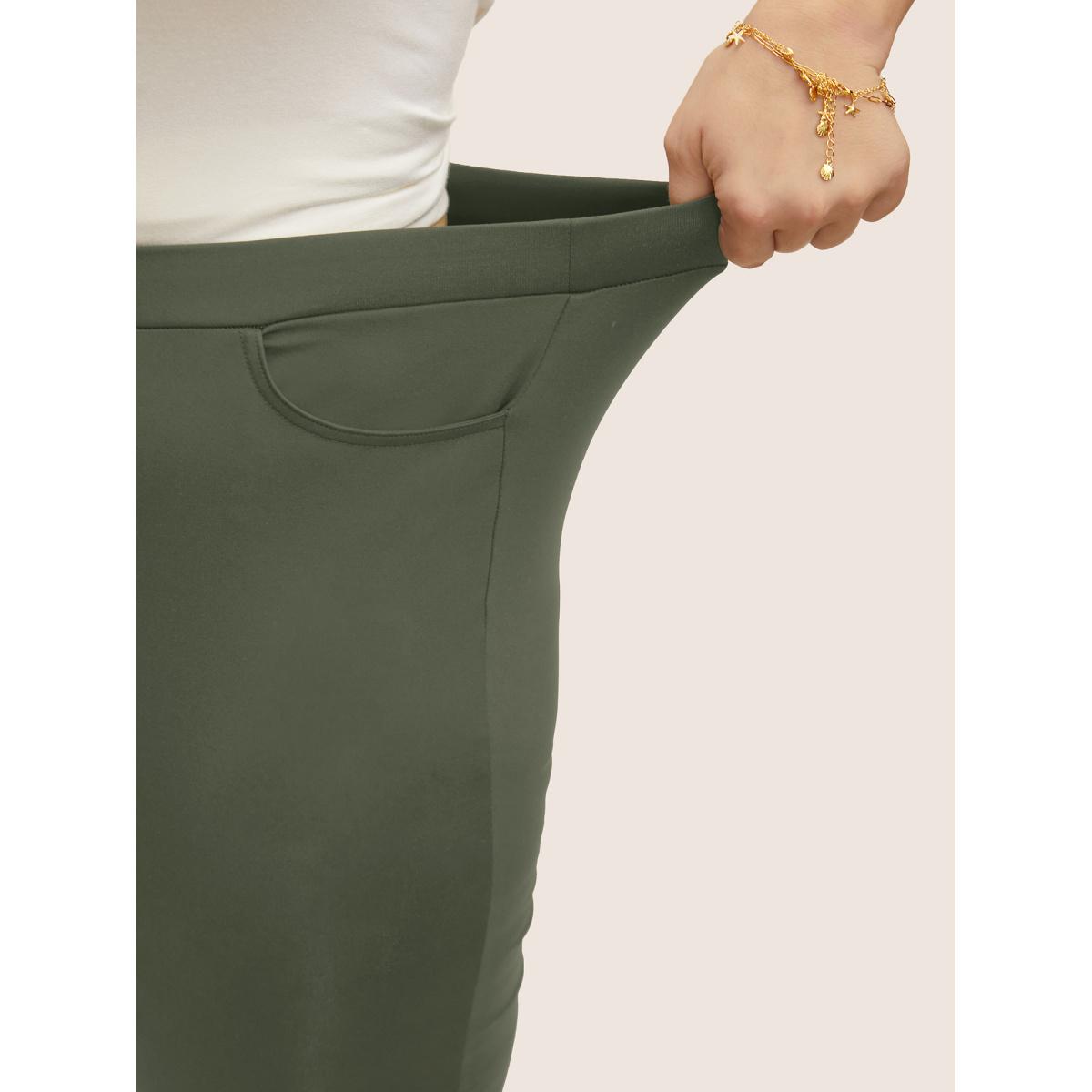 Plus Size Medium Stretch Button Detail Split Side Leggings Women ArmyGreen Casual Medium stretch Skinny Mid Rise Everyday Leggings BloomChic 10/M Product Image