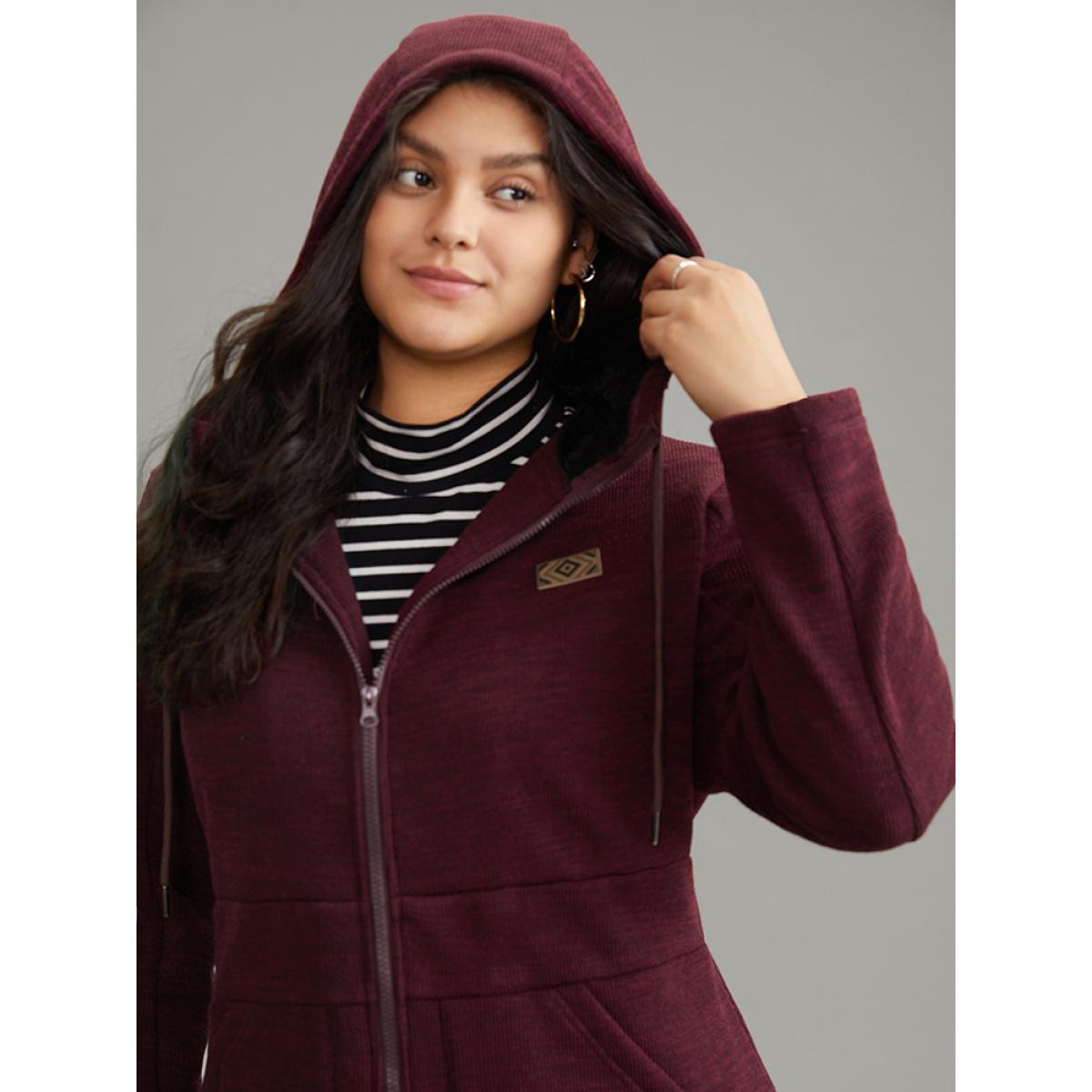 Plus Size Patchwork Contrast Zipper Drawstring Fuzzy Trim Jacket Women Burgundy Contrast Pocket Dailywear Jackets BloomChic 10/M Product Image
