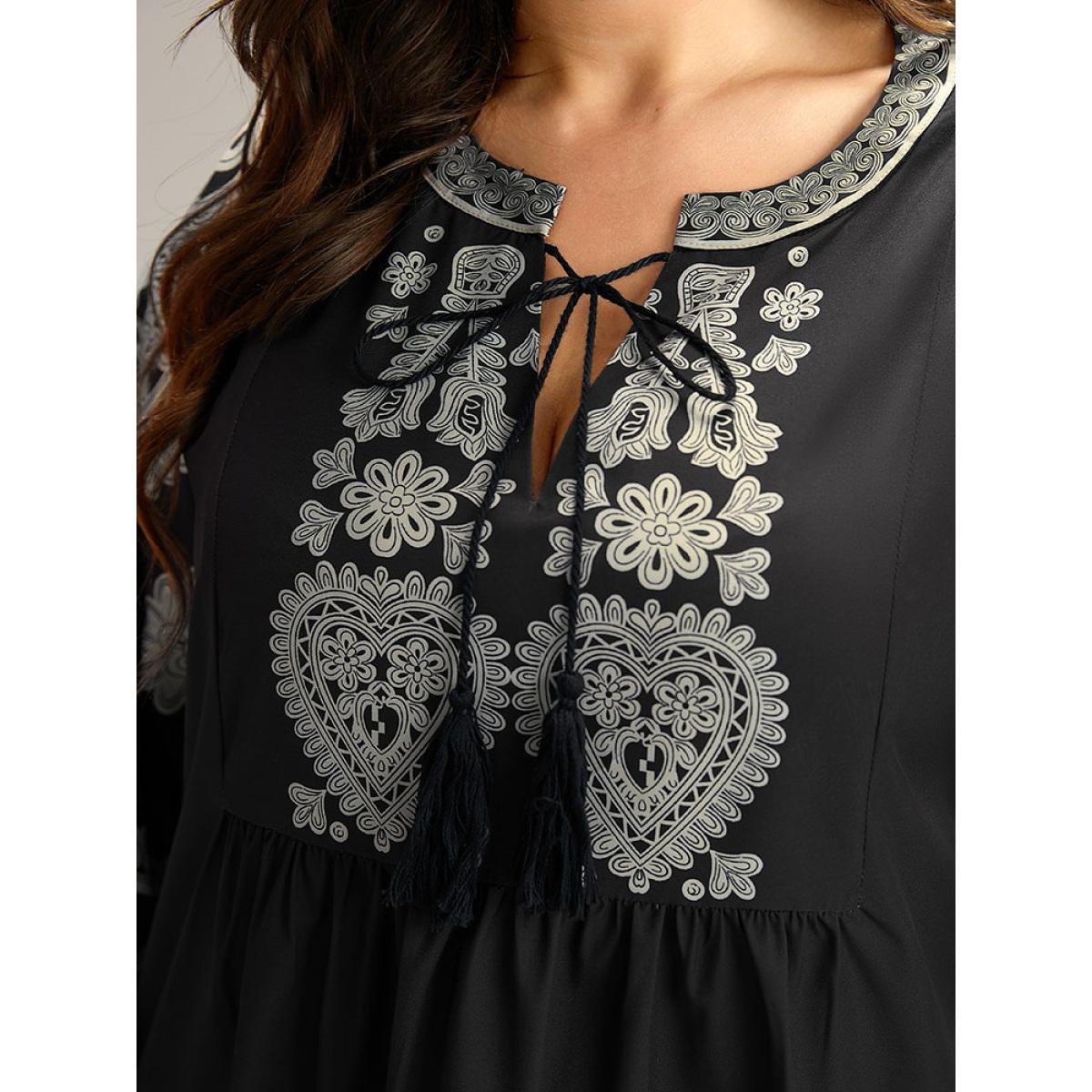 Plus Size BlackFlower Boho Print Tie Neck Tassel Gathered Blouse Women Vacation Long Sleeve Tie Neck Vacation Blouses BloomChic 18-20/2X Product Image