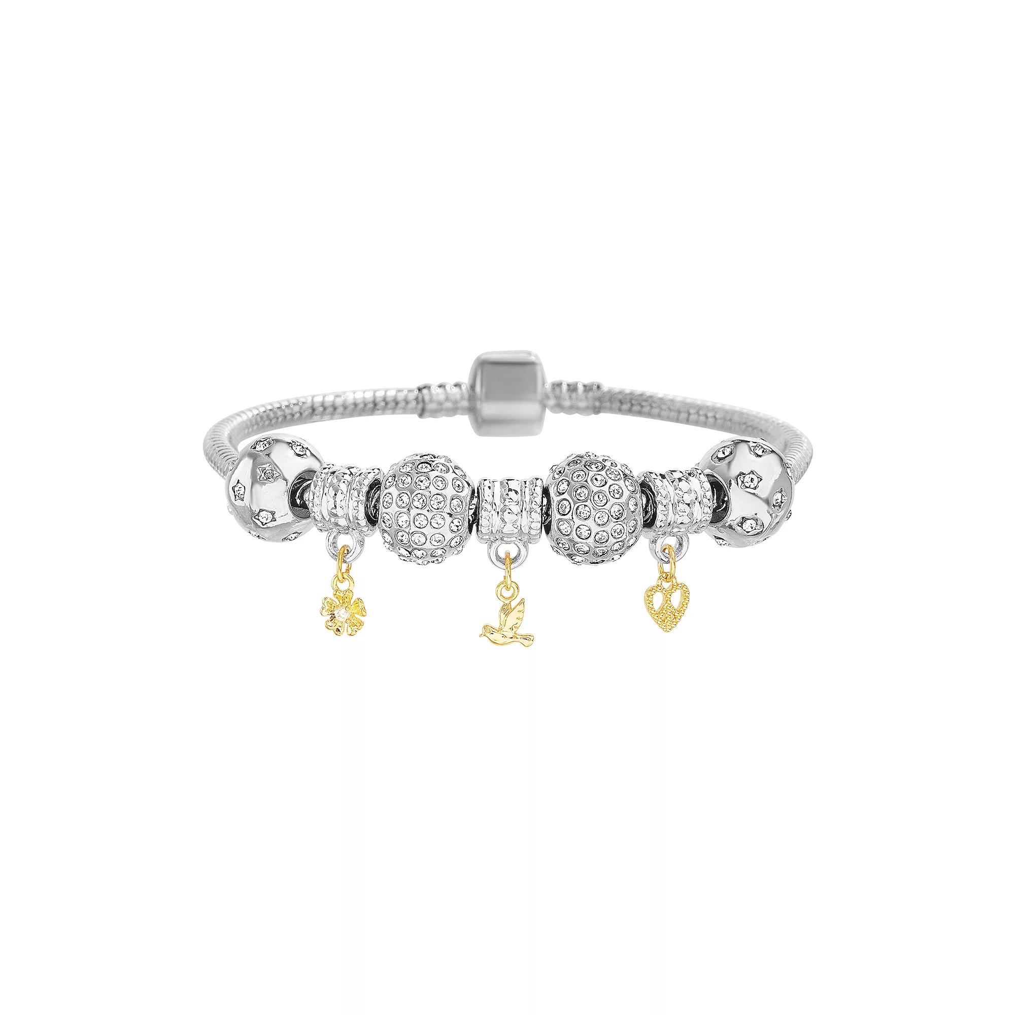 Guided by Faith Beaded Snake Chain Charm Bracelet with Flower, Dove & Peace Heart Charms, Women's, Size: 7.5", Two Tone Product Image