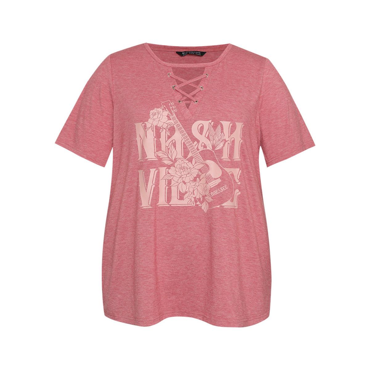 Plus Size Guitar & Letter Print Heather Crisscross Neck Graphic T-shirt Russet Women Casual Art&design Dailywear T-shirts BloomChic 12/L Product Image