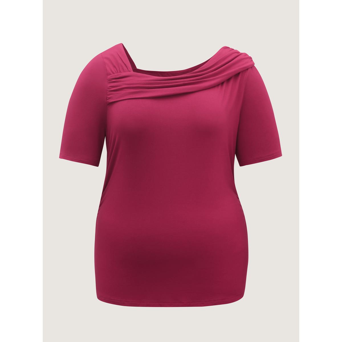 Plus Size Supersoft Asymmetrical Neckline Solid T-Shirt Burgundy Women Timeless Gathered Asymmetrical Neck Elegant T-shirts BloomChic 10/M Product Image