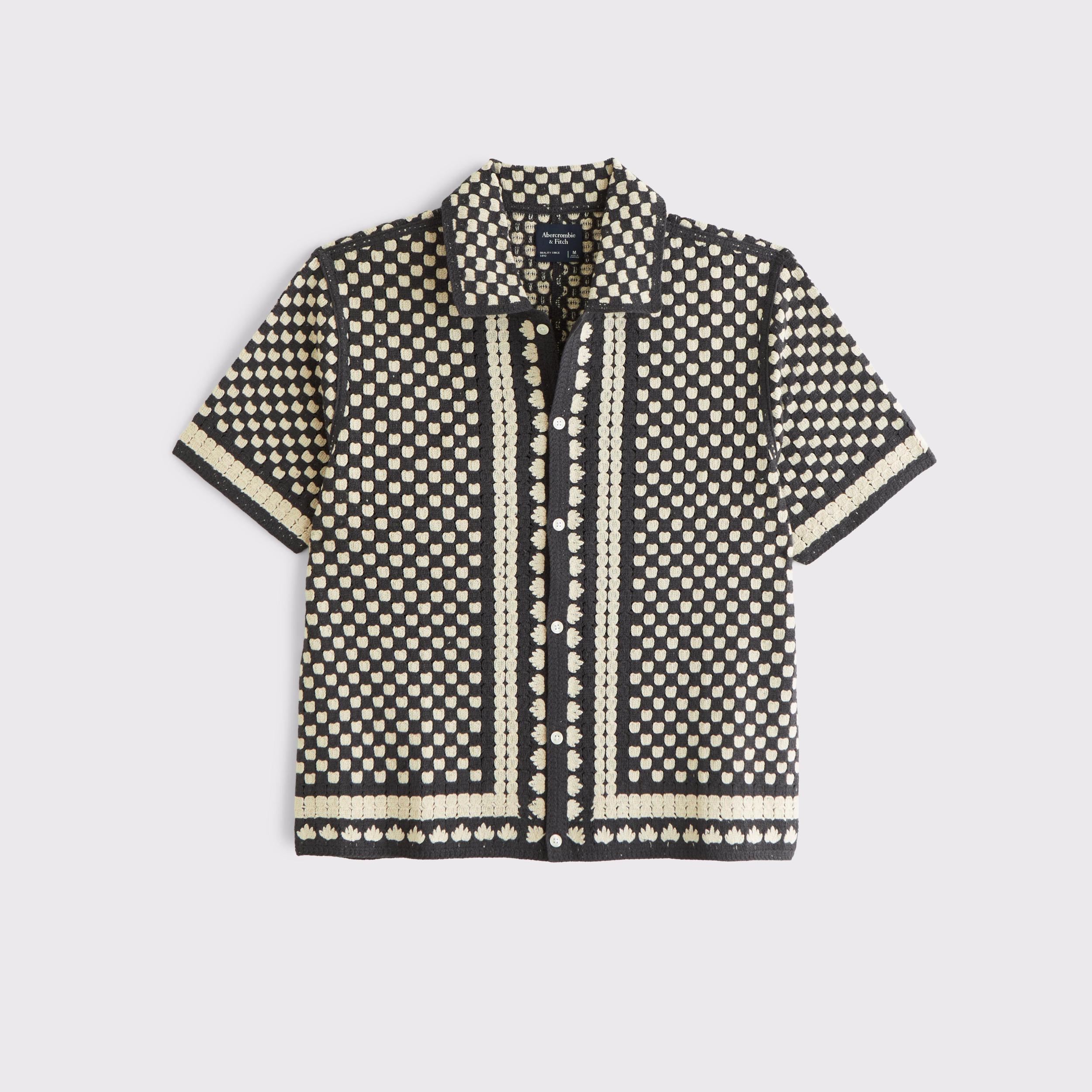 Crochet-Style Border Stripe Button-Through Sweater Polo Product Image