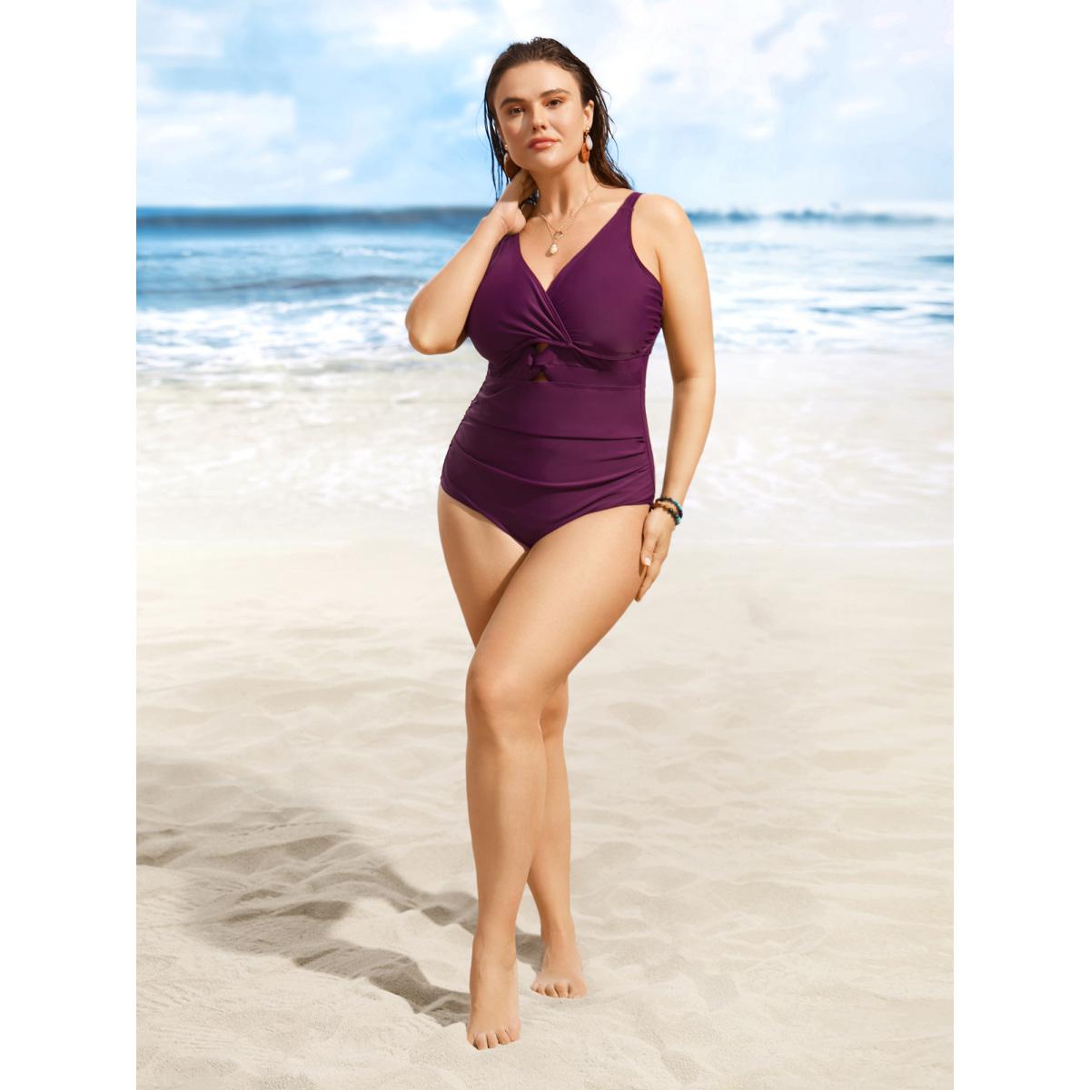 Plus Size Overlap Collar Solid Twist Front One Piece Swimsuit Women's Swimwear Deeppurplered Beach Twist Curve Bathing Suits High stretch One Pieces BloomChic 18-20/2X Product Image