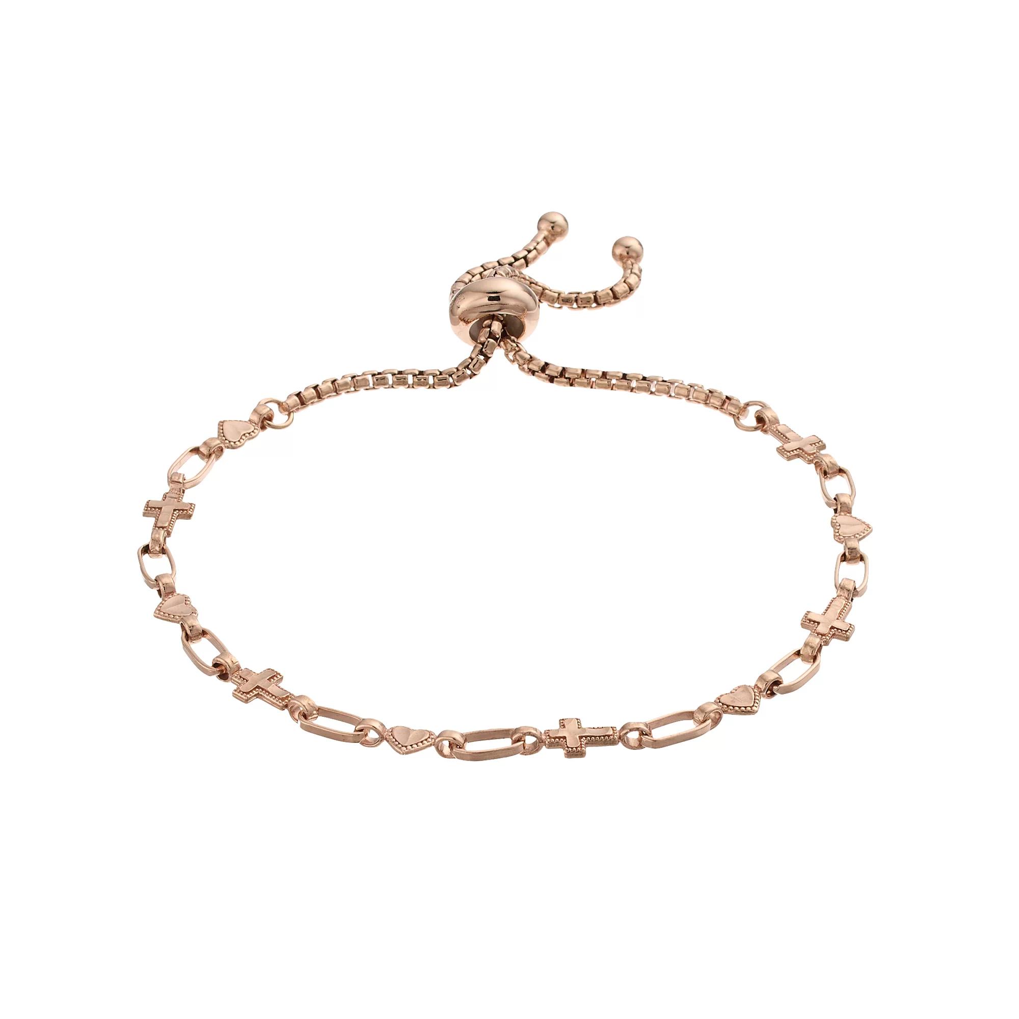 Kristen Kesho Sterling Silver Cross & Heart Link Adjustable Bolo Bracelet, Women's, Size: 9.50, Pink Tone Product Image