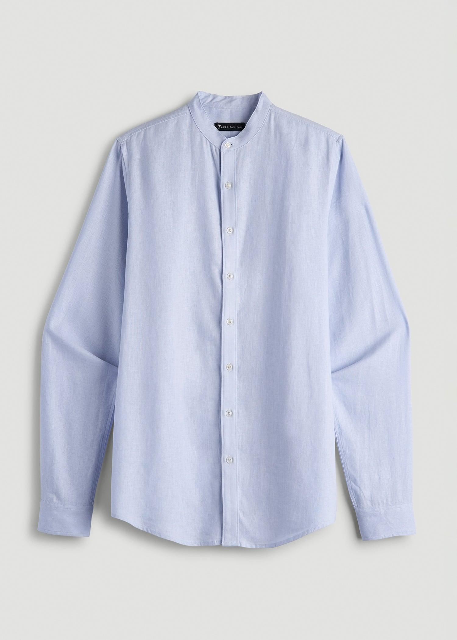 Band Collar Linen Button Shirt for Tall Men in Airy Blue Male Product Image