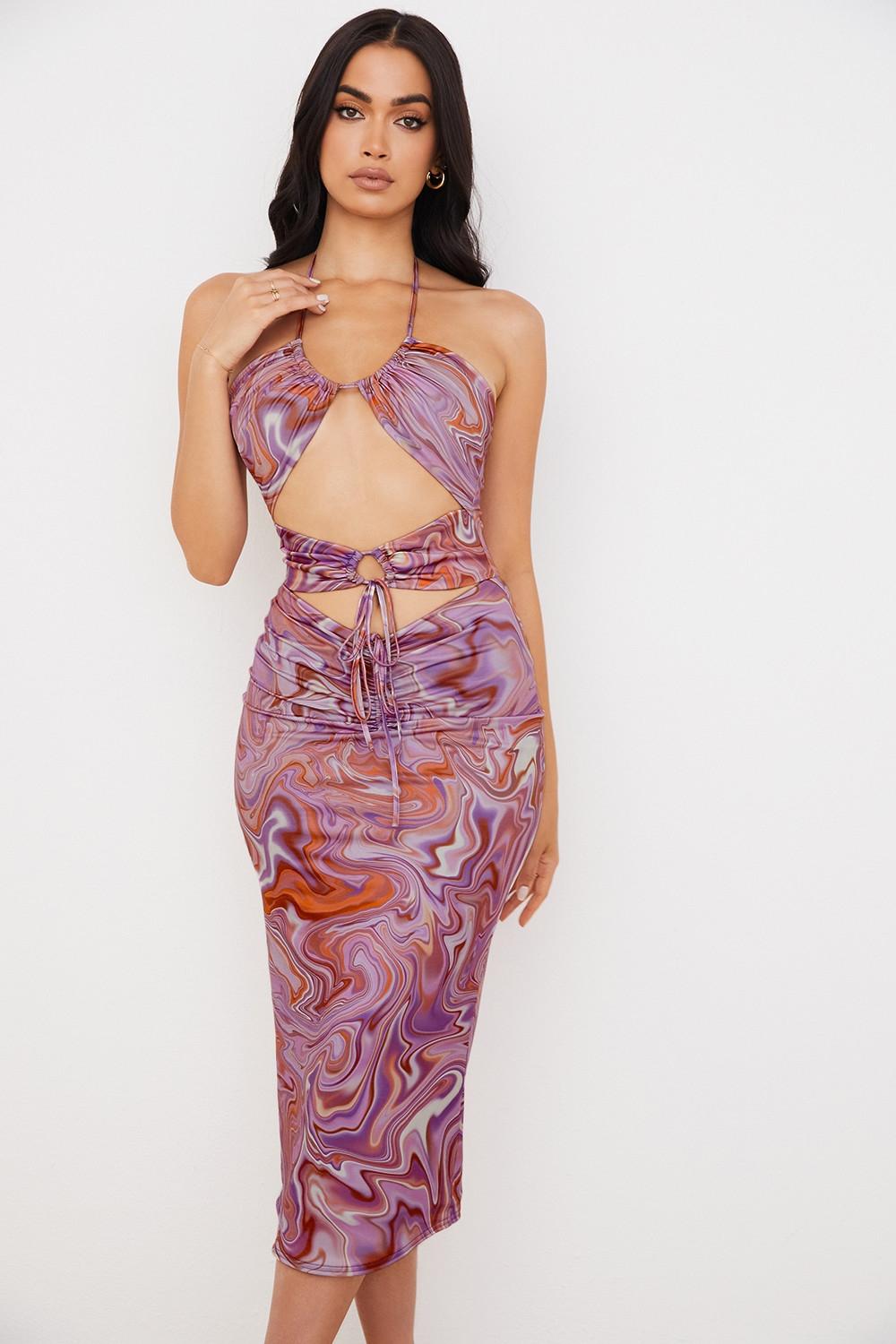 Kasia  purple swirl cutout midi dress Product Image