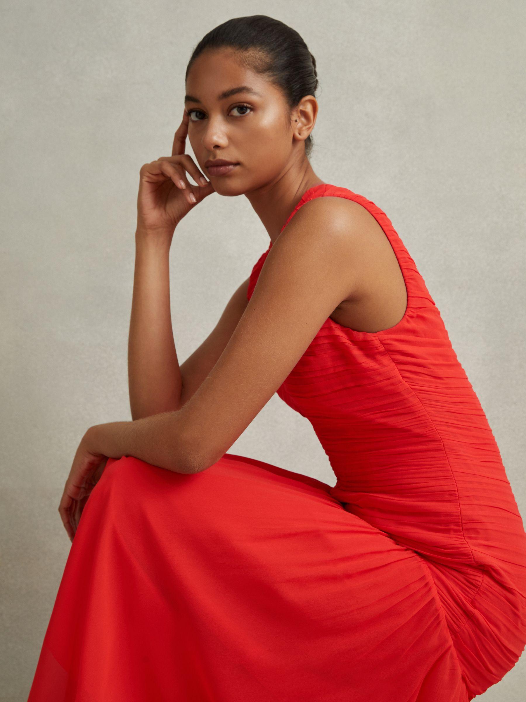 Ruched Bodycon Midi Dress in Coral Product Image