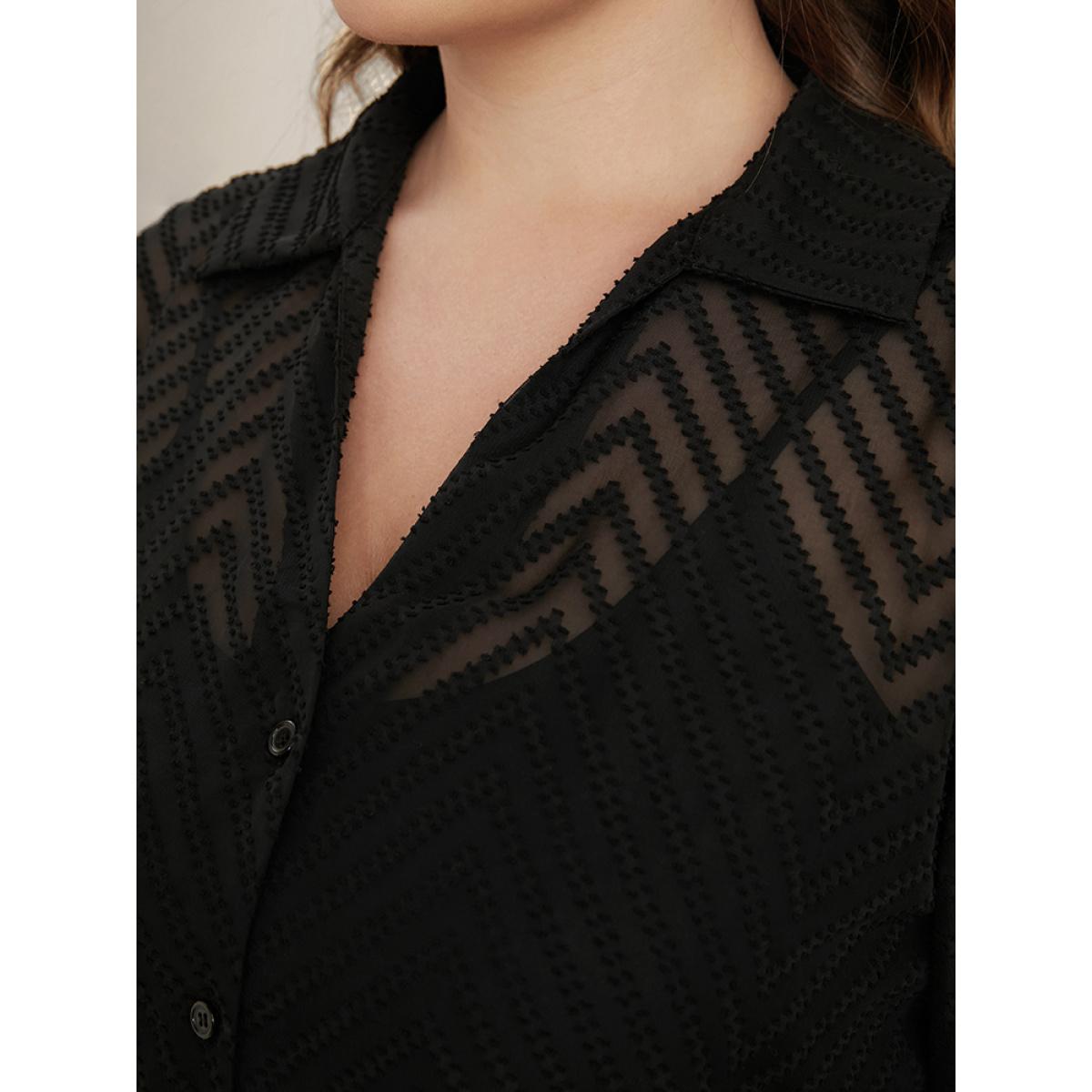 Plus Size Black Geometric Mesh Button Up Textured Blouse With Cami Top Women Office Long Sleeve Shirt collar Work Blouses BloomChic 12/L Product Image