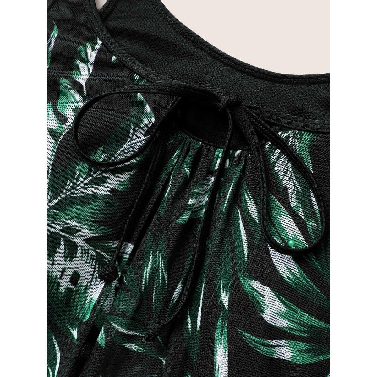 Plus Size Tropical Print Tiered Mesh Tie Knot Swim Top Women's Swimwear Black Beach Tie knot High stretch Bodycon U-neck Curve Swim Tops BloomChic 10/M Product Image