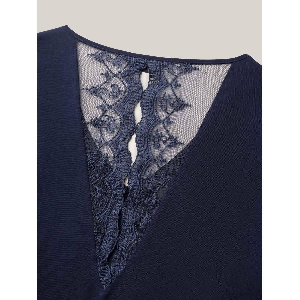 Plus Size Indigo Back Lace Sheer Sleeve Solid Shirt Women Elegant Cap Sleeve V-neck Everyday Blouses BloomChic 18-20/2X Product Image