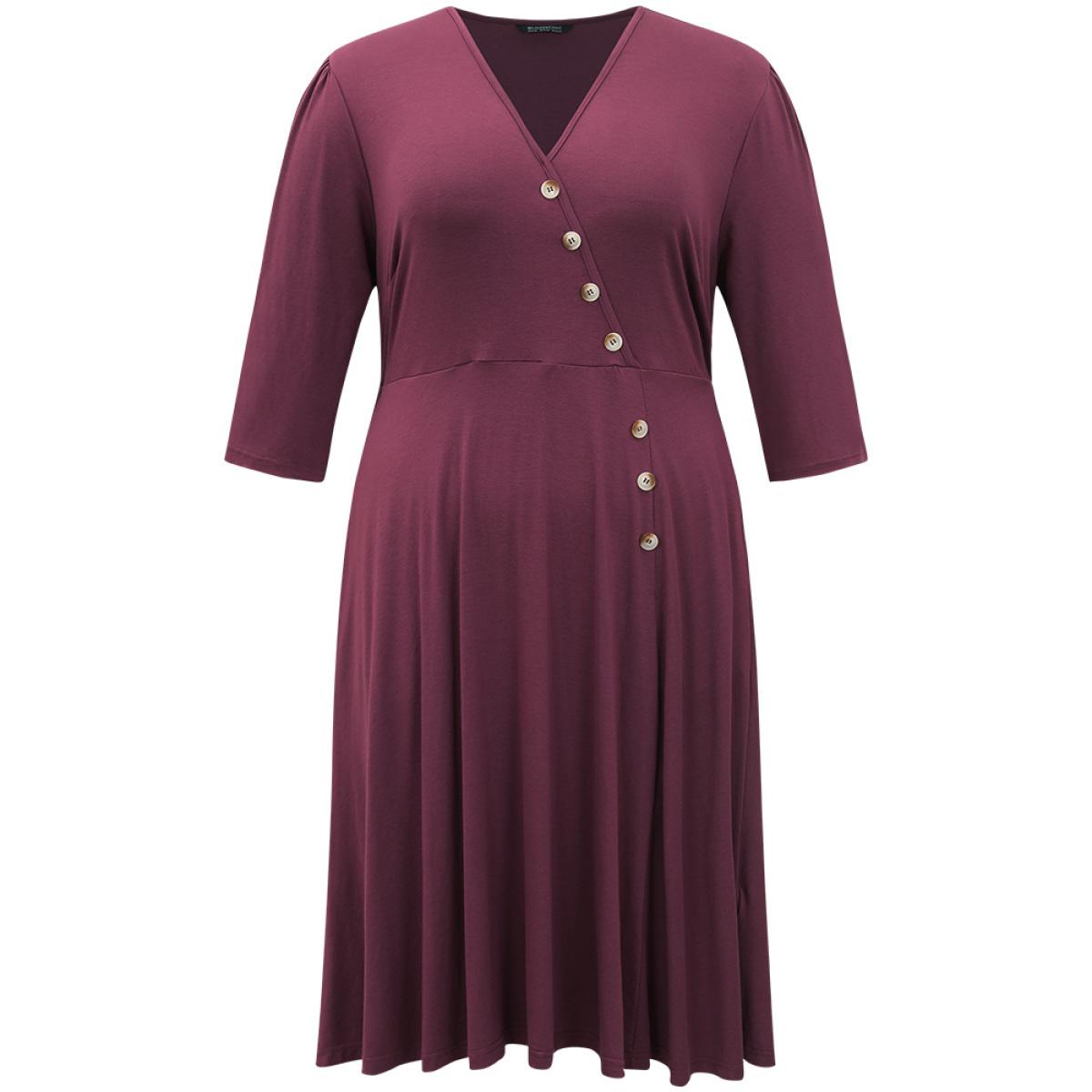 Plus Size Asymmetrical Button Detail Ruffle Hem Dress Purple Women Office Plain V-neck Elbow-length sleeve Curvy Midi Dress BloomChic 26/4X Product Image
