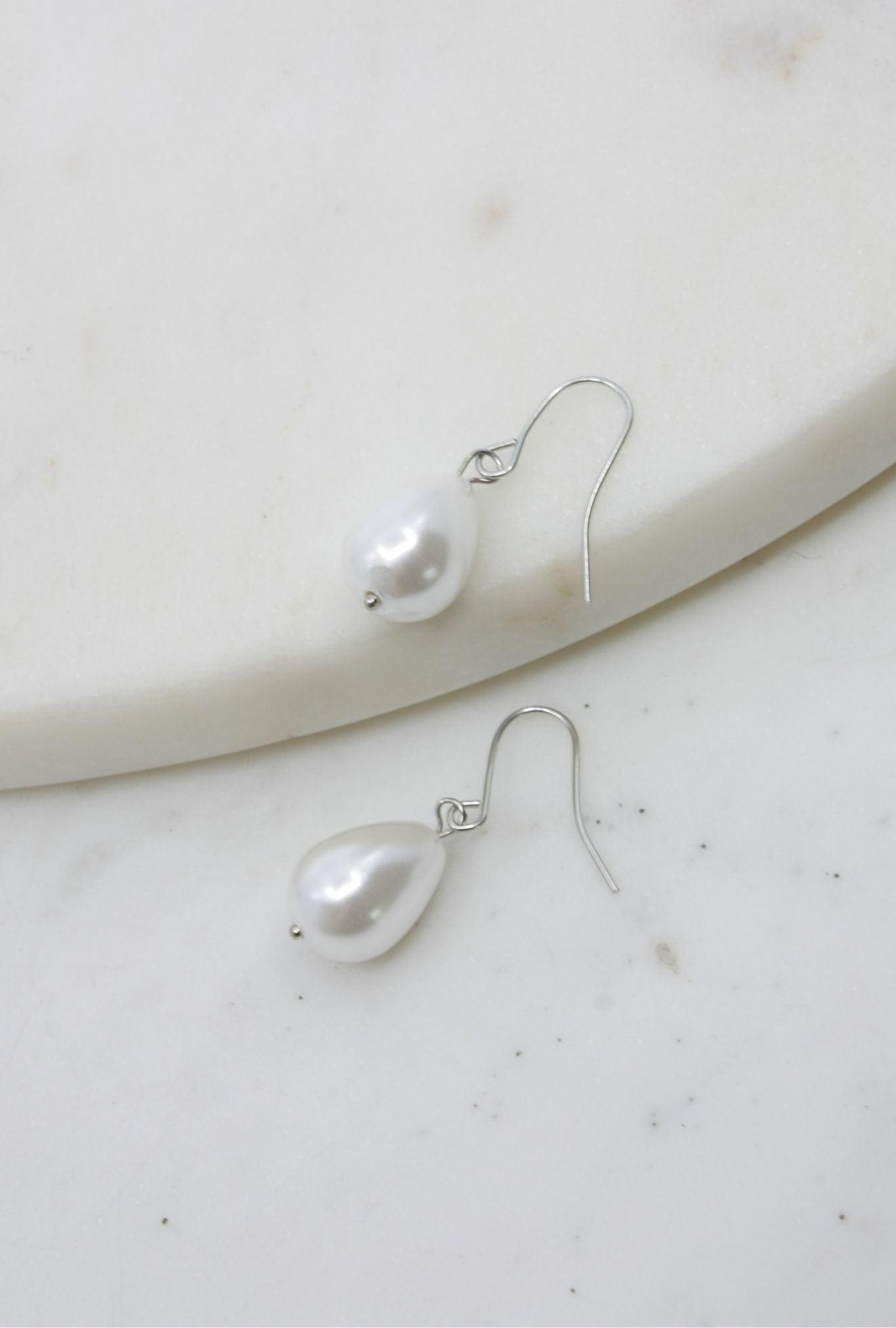 Silver Simple Drop Pearl Drop Earrings Product Image