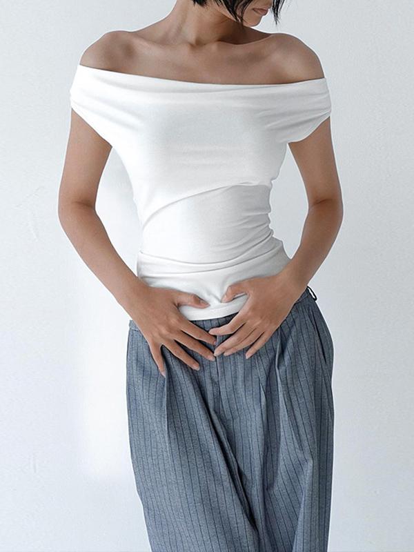 Skinny Sleeveless Backless Solid Color Split-Joint Tied Off-The-Shoulder T-Shirts Tops Product Image