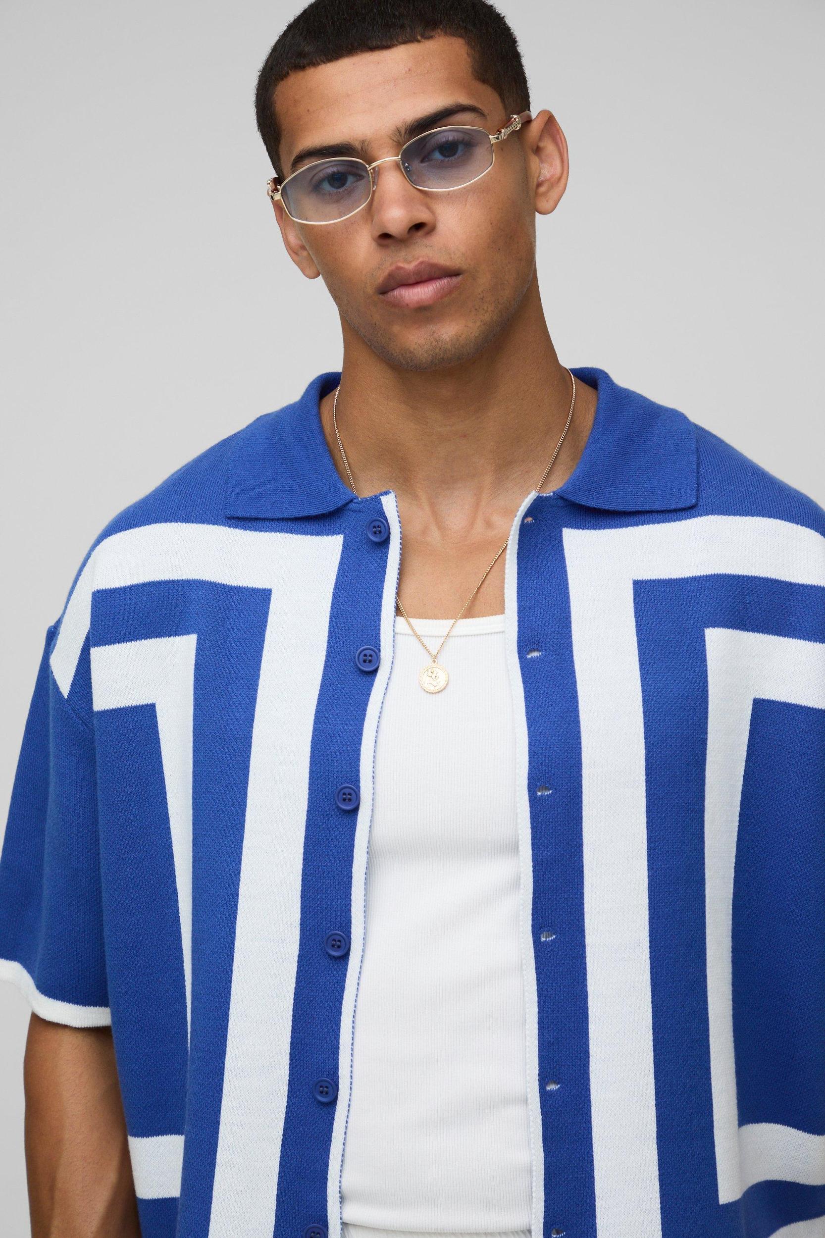 Oversized Boxy Border Knitted Shirt | boohooMAN USA Product Image