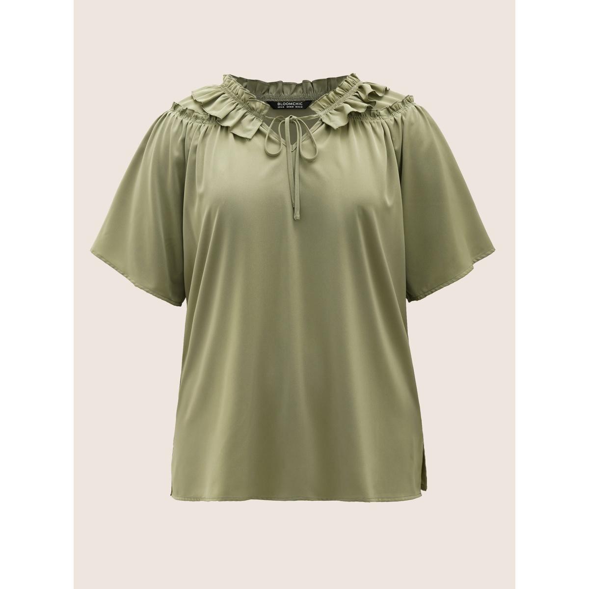 Plus Size Sage Plain Frill Trim Gathered Ruffle Sleeve Blouse Women At the Office Short sleeve V-neck Office Blouses BloomChic 22-24/3X Product Image