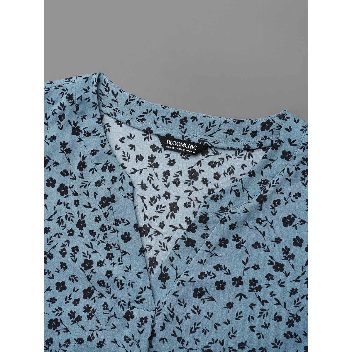 Plus Size Stone Ditsy Floral Button Cuff Sleeve Pleated Blouse Women Elegant Long Sleeve Flat collar with V-notch Everyday Blouses BloomChic 10/M Product Image