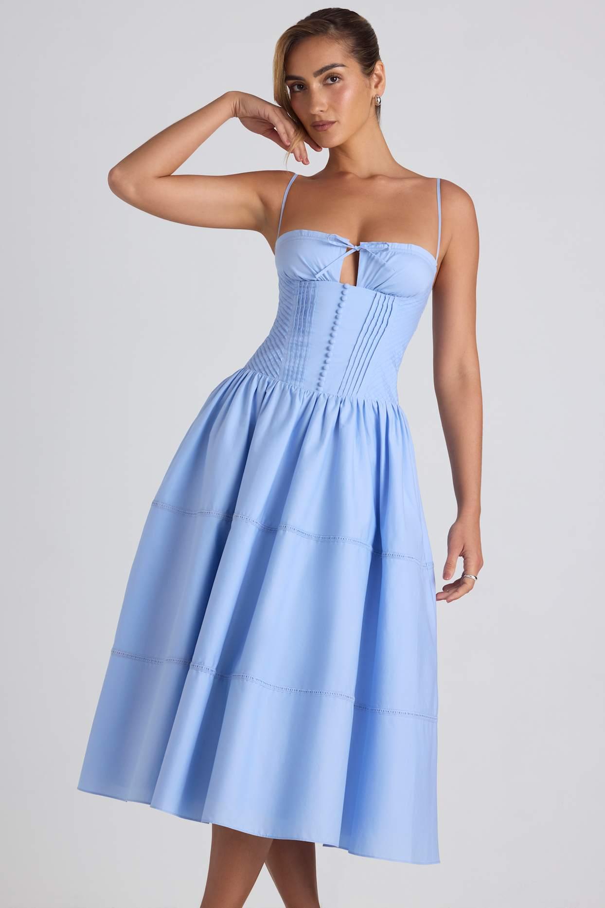 Lace-Trim Pintucked Poplin Midaxi Dress in Sky Blue Product Image