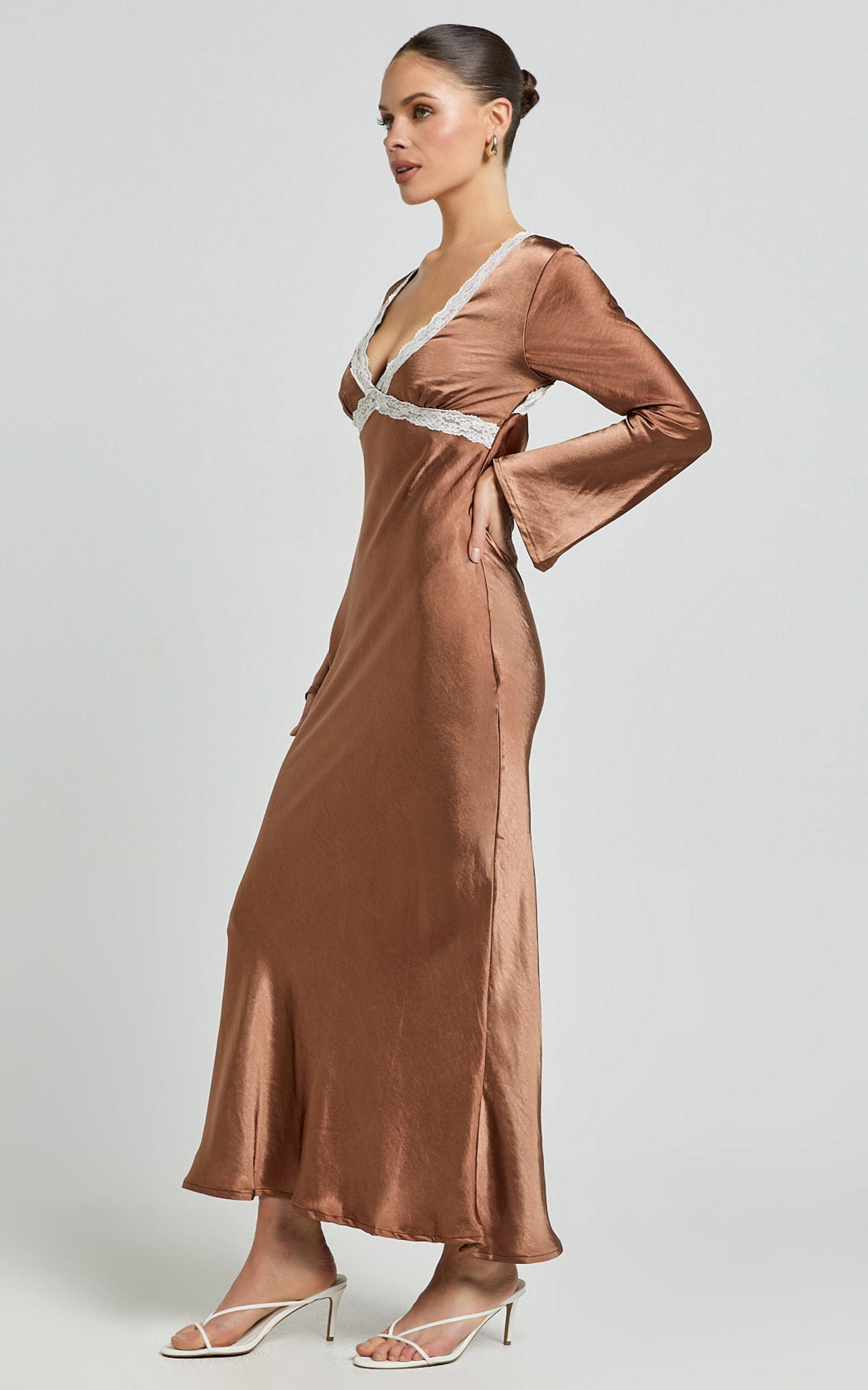 Carmela Midi Dress - Long Sleeve V Neck Lace Detail Dress in Chocolate Product Image