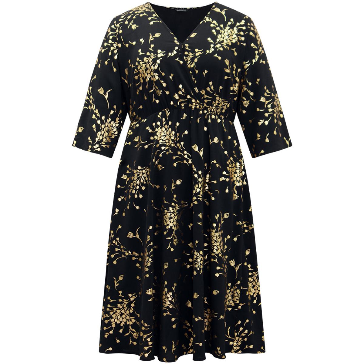 Plus Size Floral Glitter Pocket Gathered Detail Dress Black Women Elegant Wrap Overlap Collar Elbow-length sleeve Curvy Midi Dress BloomChic 14-16/1X Product Image