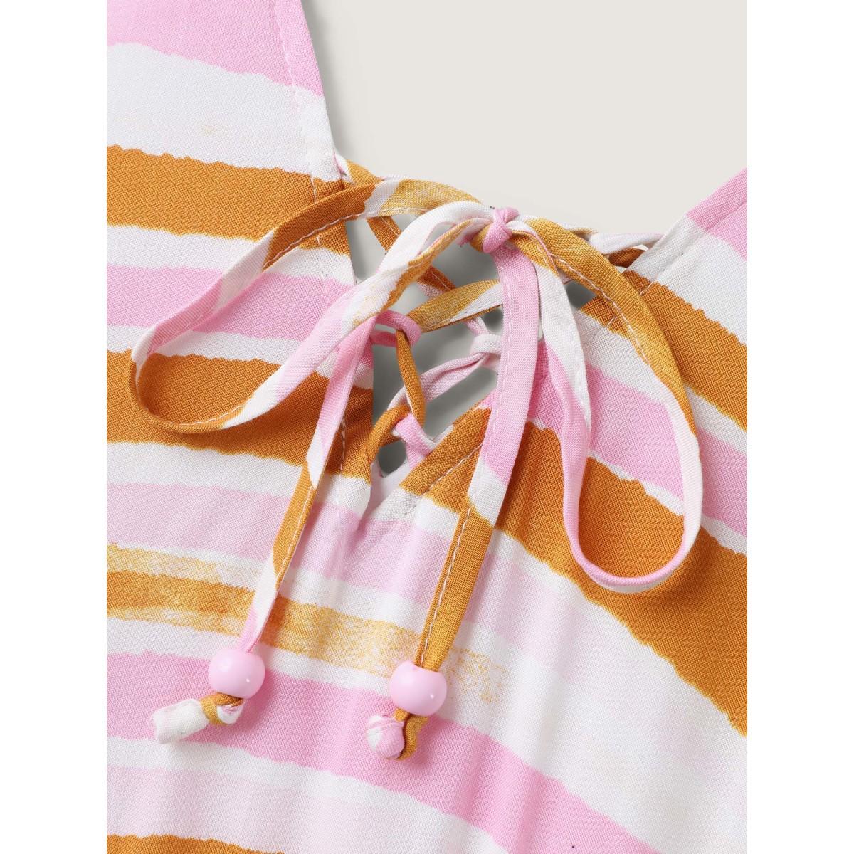 Plus Size Wavy Stripes Neck Tie Tiered Midi Dress Peach Women V-neck Short sleeve Curvy BloomChic 26/4X Product Image