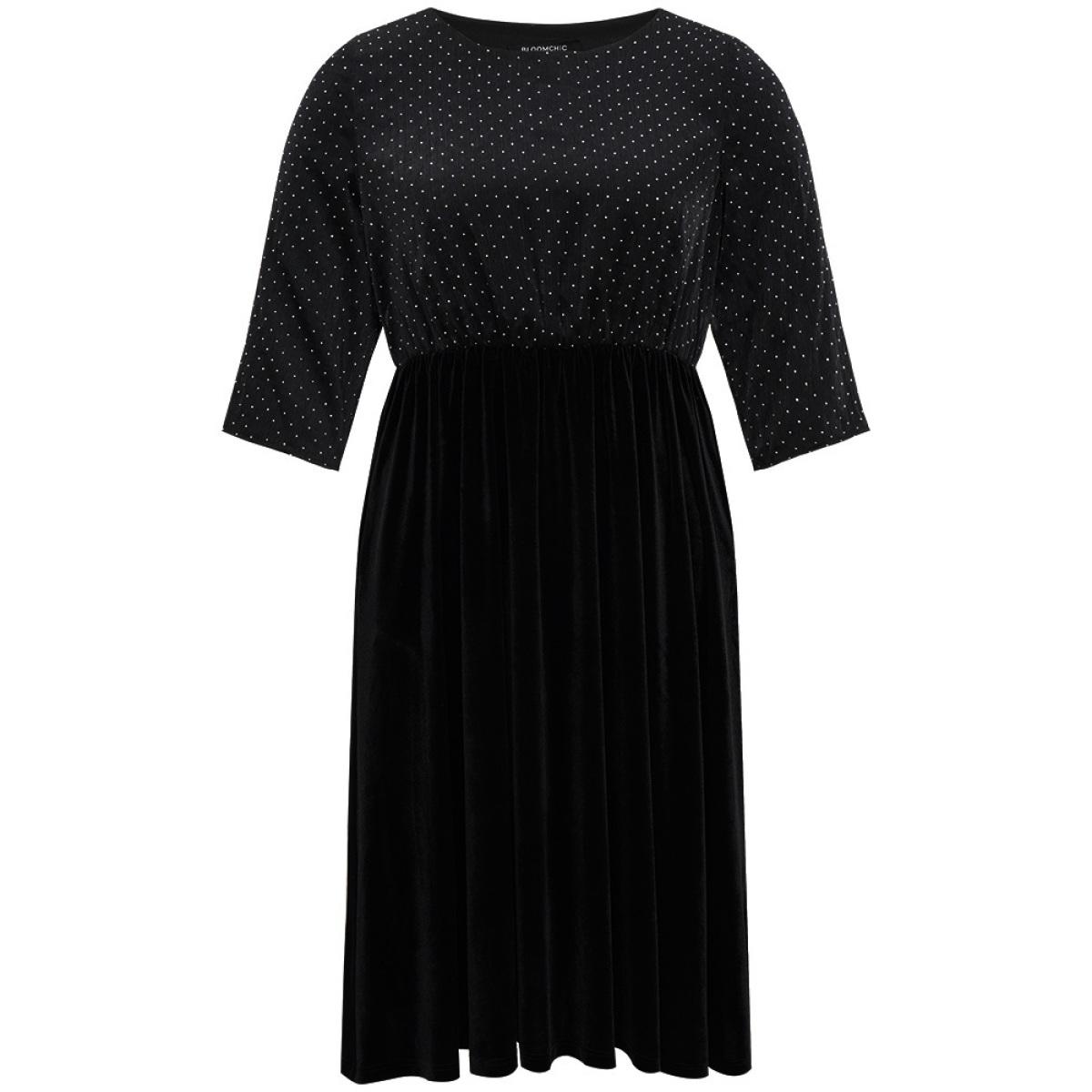 Plus Size Rhinestone Patchwork Velvet Elastic Waist Dress Black Women Glamour Velvet Round Neck Elbow-length sleeve Curvy Midi Dress BloomChic 28/5X Product Image