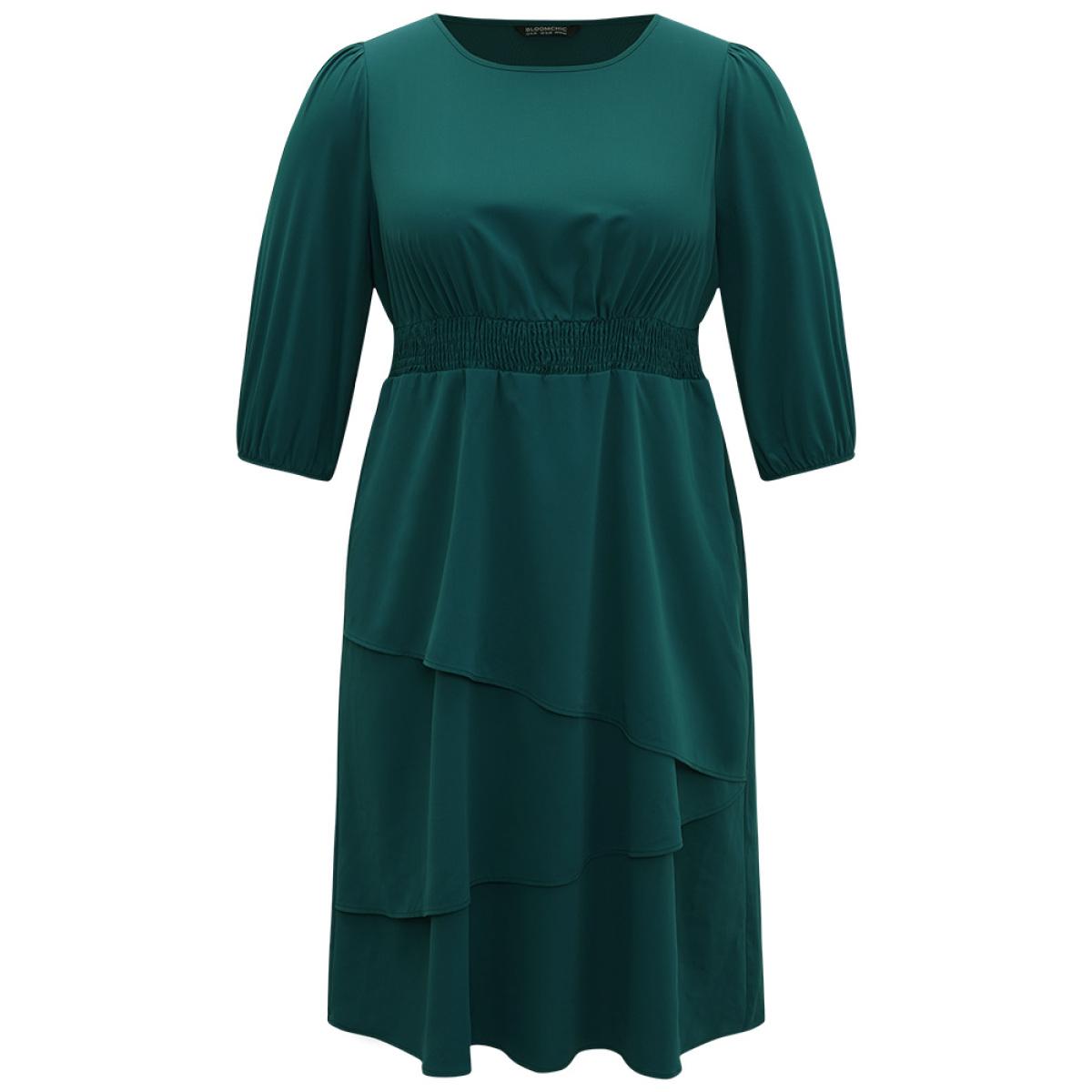 Plus Size Twill Flutter Shirred Asymmetrical Layered Hem Dress Teal Women At the Office Elastic cuffs Round Neck Elbow-length sleeve Curvy Midi Dress BloomChic 10/M Product Image
