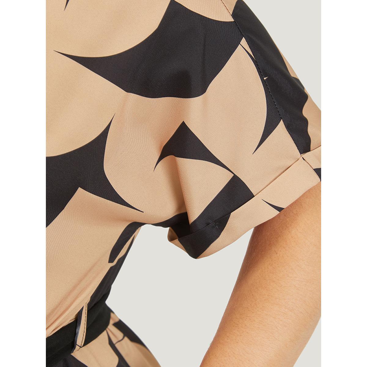 Plus Size Geometric Patchwork Pocket Belted Notched Dress Bronze Women Office Plain Notched collar Short sleeve Curvy Midi Dress BloomChic 30/6X Product Image