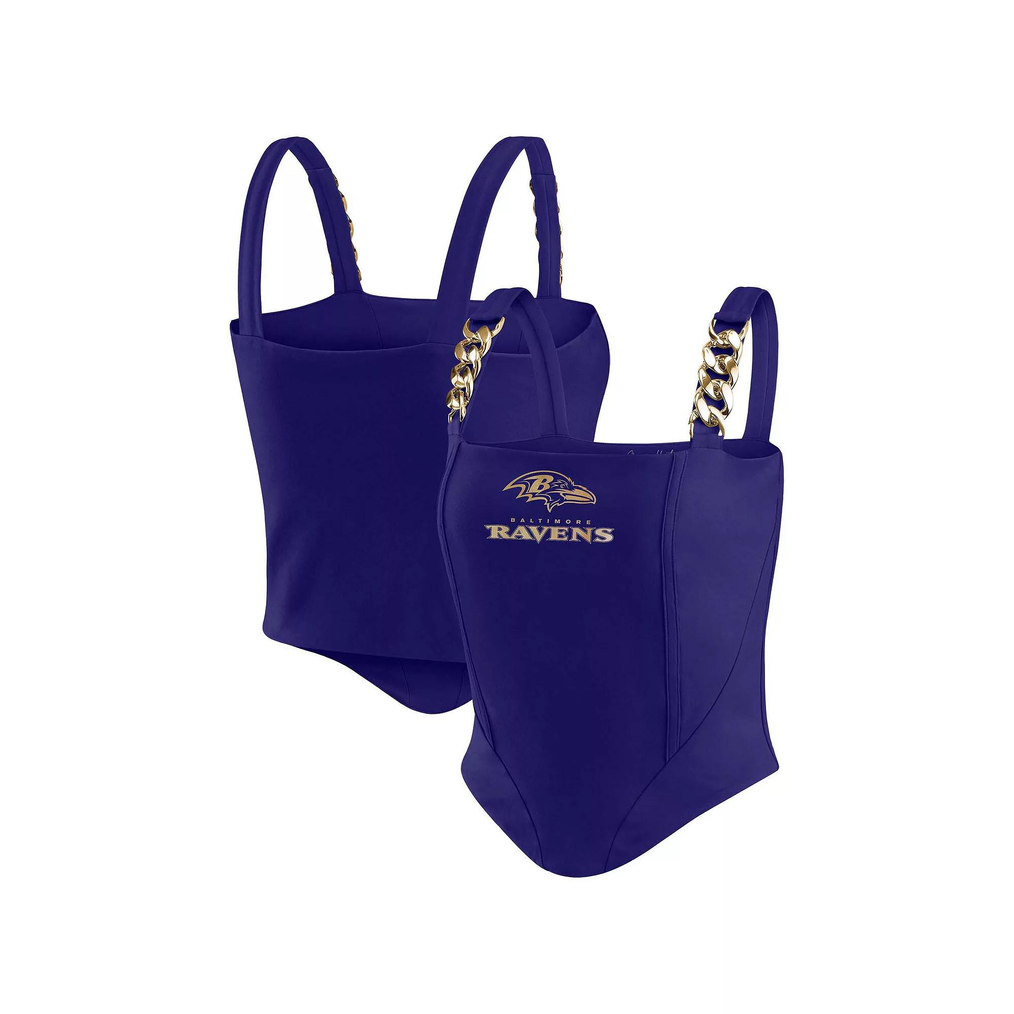 Women's WEAR by Erin Andrews x Gracie Hunt Navy Denver Broncos Chain Link Corset Top, Size: Medium, Blue Product Image