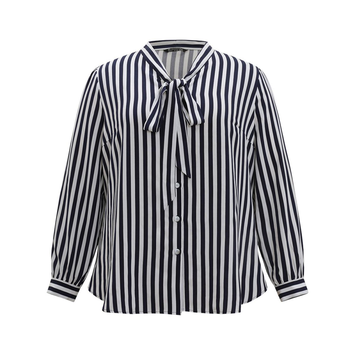 Plus Size Indigo Striped Bowknot V Neck Curved Hem Woven Top Women Office Long Sleeve Shirt collar Office Blouses BloomChic 18-20/2X Product Image