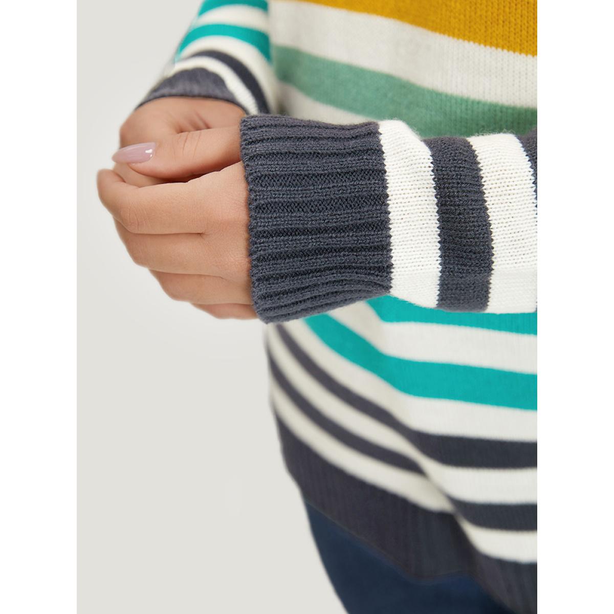 Plus Size Rainbow Print V Neck Elastic Cuffs Pullover Multicolor Women Casual Loose Long Sleeve V-neck Dailywear Pullovers BloomChic 12/L Product Image