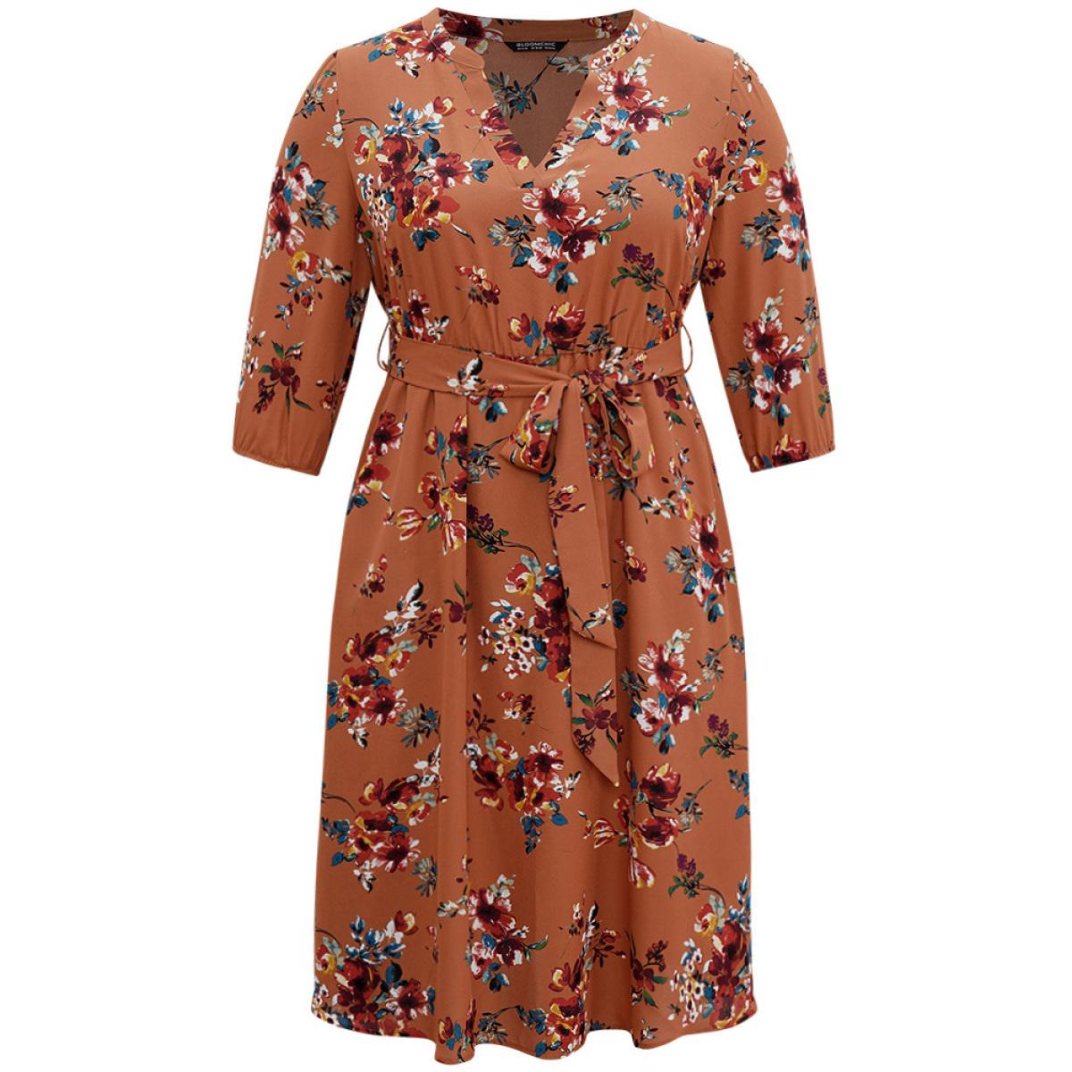 Plus Size Floral Notched Belted Elastic Waist Dress Chocolate Women Elegant Elastic cuffs Notched collar Elbow-length sleeve Curvy Midi Dress BloomChic 22-24/3X Product Image