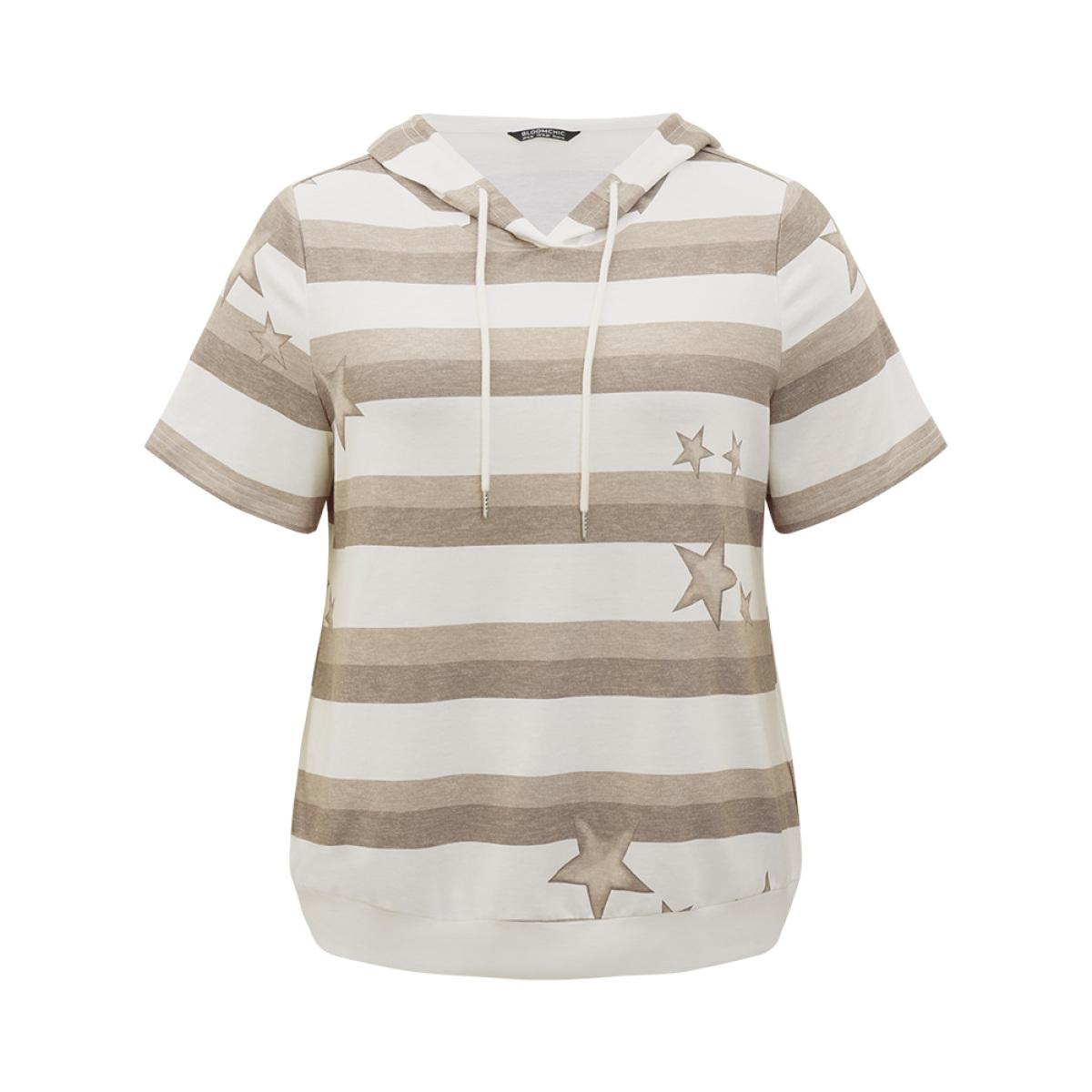 Plus Size Striped & Star Print Hooded Ties Sweatshirt Women Multicolor Casual Printed Hooded Dailywear Sweatshirts BloomChic 18-20/2X Product Image