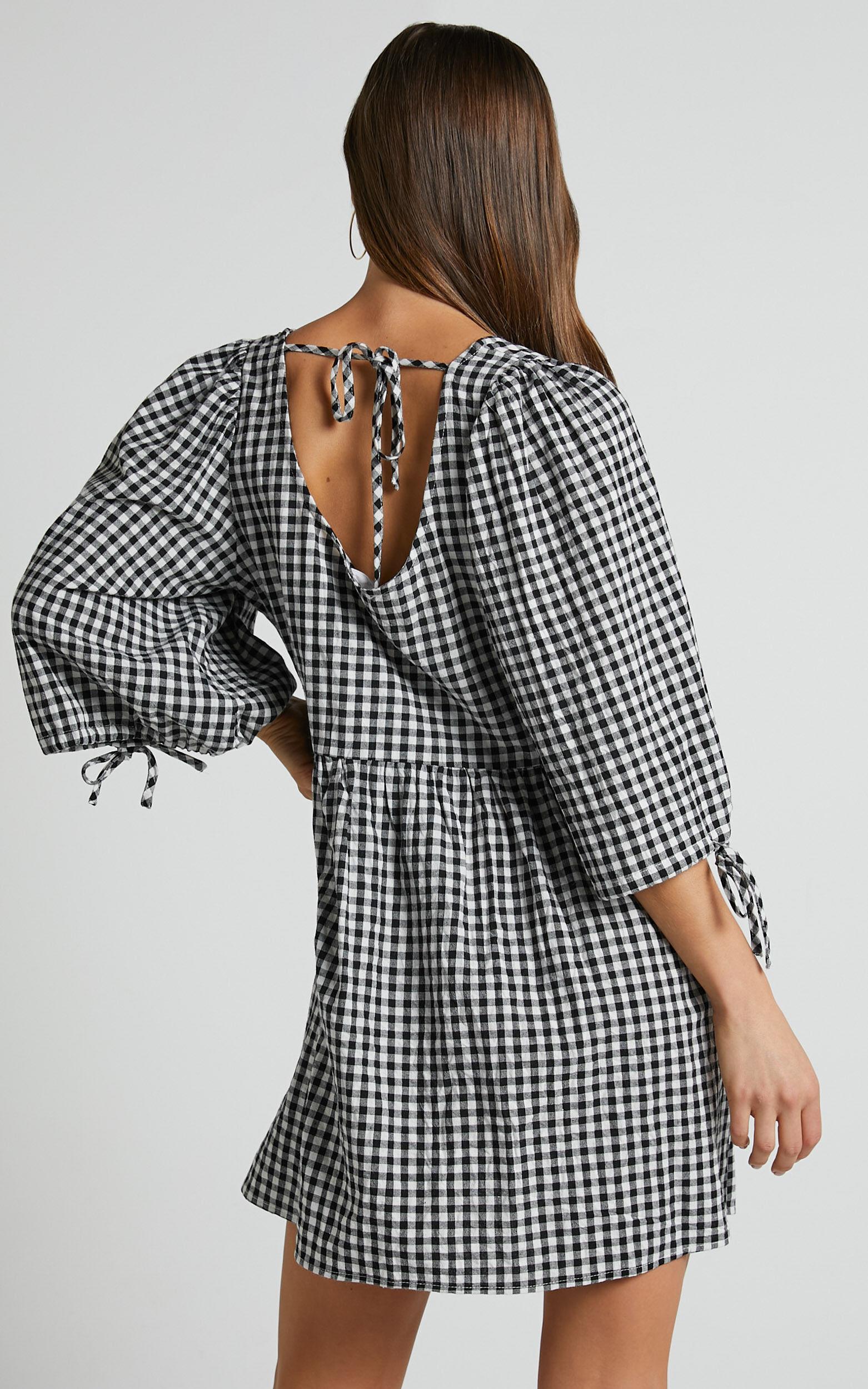 Rosita Mini Dress - Tie Front Puff Sleeve Dress in Black and White Check Product Image