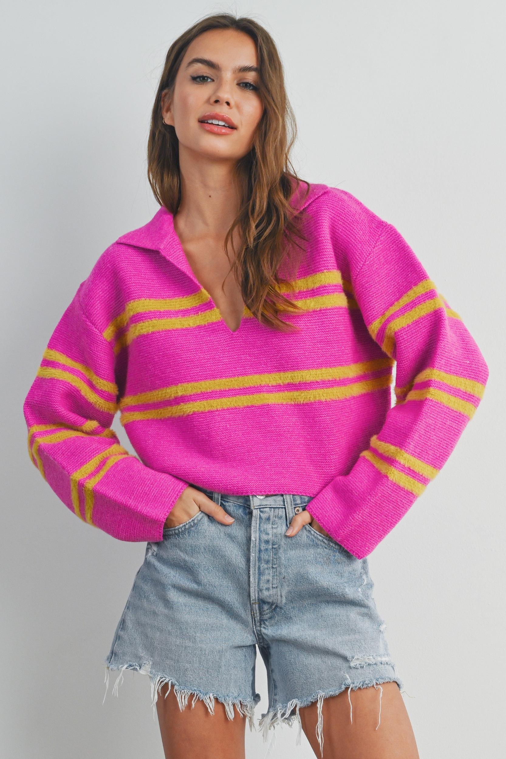 Stripe Cozy Collared Crop Sweater Product Image